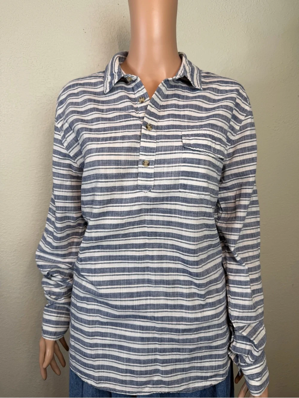Marine Layer Size Large Blue White Stripe Pullover Collared Shirt Women 100%cott - Picture 9 of 14